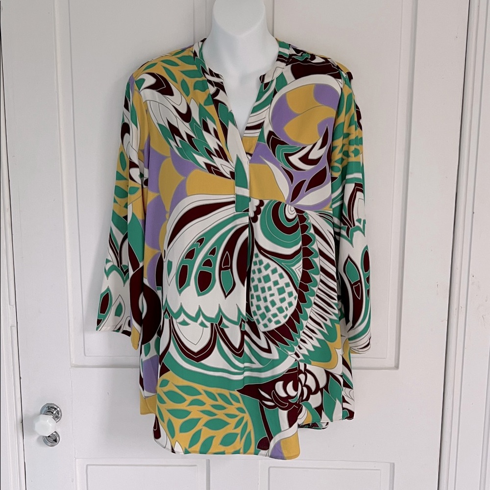 Mod Vibrant Patterned Tunic M green yellow lavender brown cupcakes & cashmere